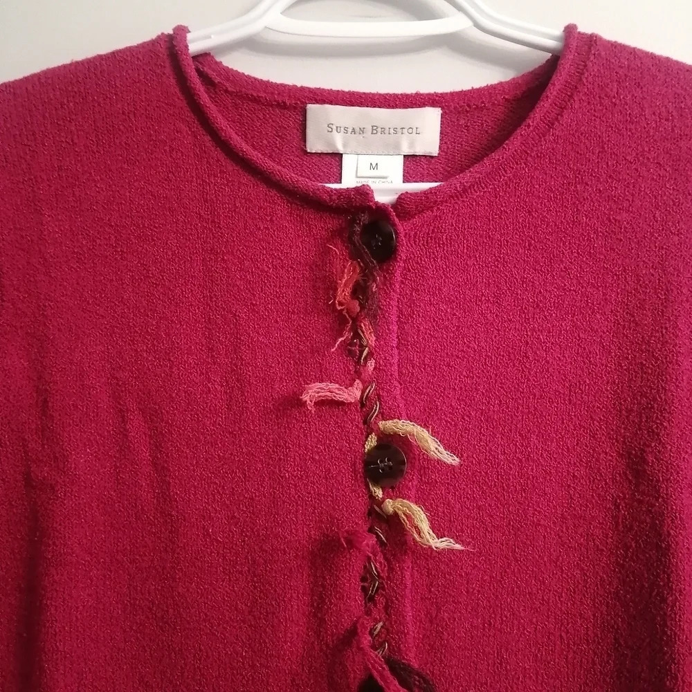 Susan Bristol Y2K Vintage Hand Embroidered Pink Button Up Fringe Cardigan Medium - Picture 4 of 12